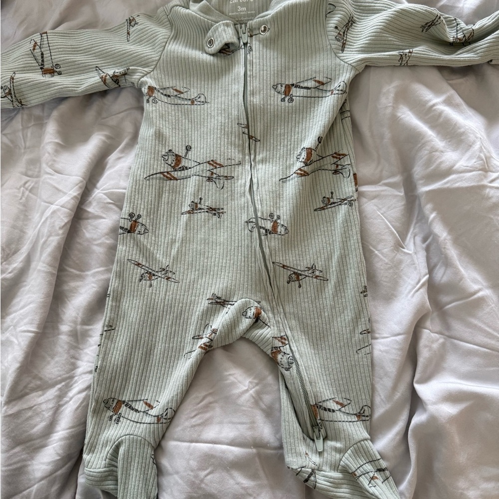 Carter's Mint Green Ribbed Footed One-Piece with Airplane Print
